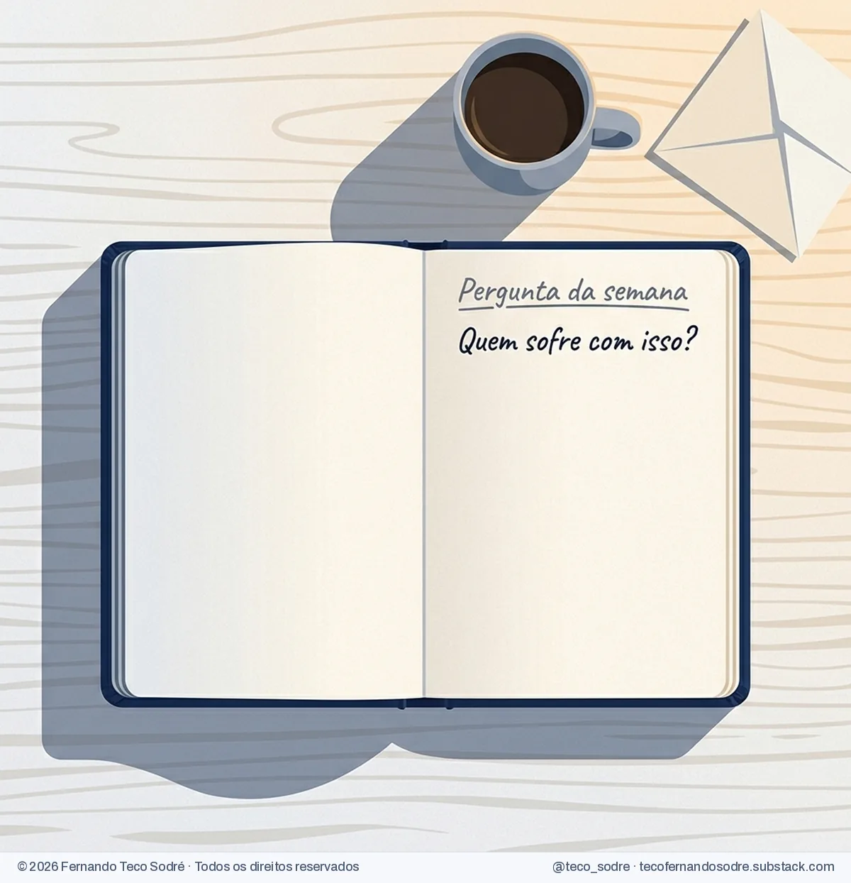 Caderno azul-marinho aberto sobre a mesa de um café, ao lado de uma xícara, com a anotação: Pergunta da semana. Quem sofre com isso?