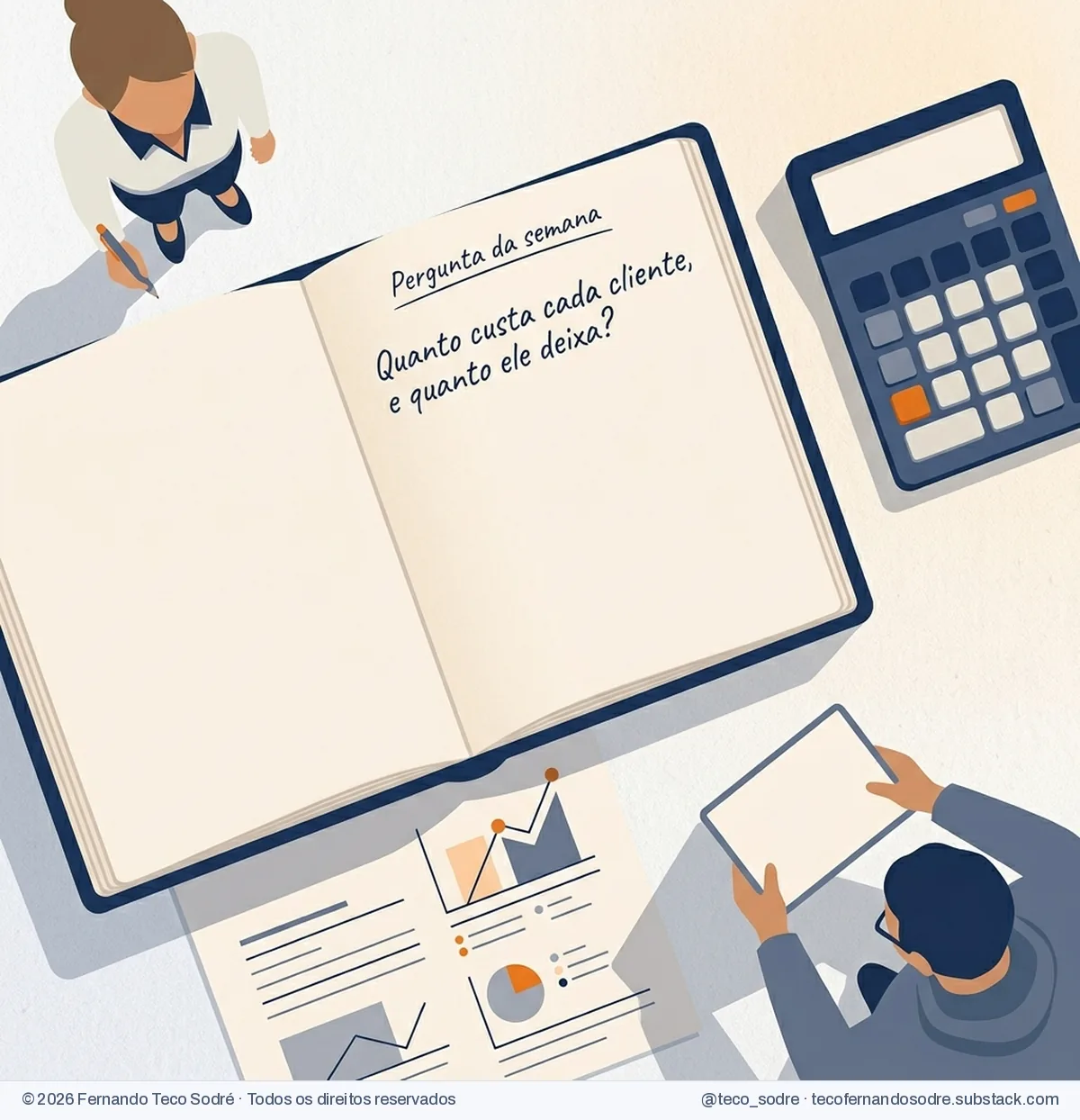 Caderno azul-marinho aberto ao lado de uma calculadora e de relatórios, com a anotação: Pergunta da semana. Quanto custa cada cliente, e quanto ele deixa?