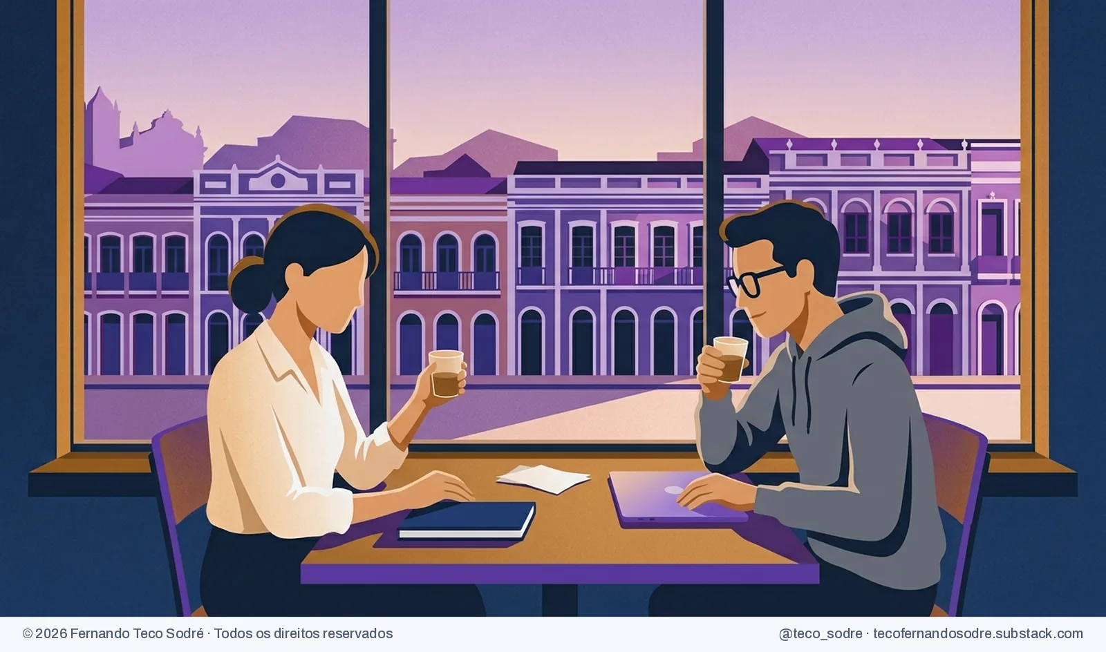 O mesmo café diante dos sobrados do Recife antigo, em luz violeta de fim de tarde; a dupla, mais tranquila, conversa com copos na mão e um caderno fino sobre a mesa.