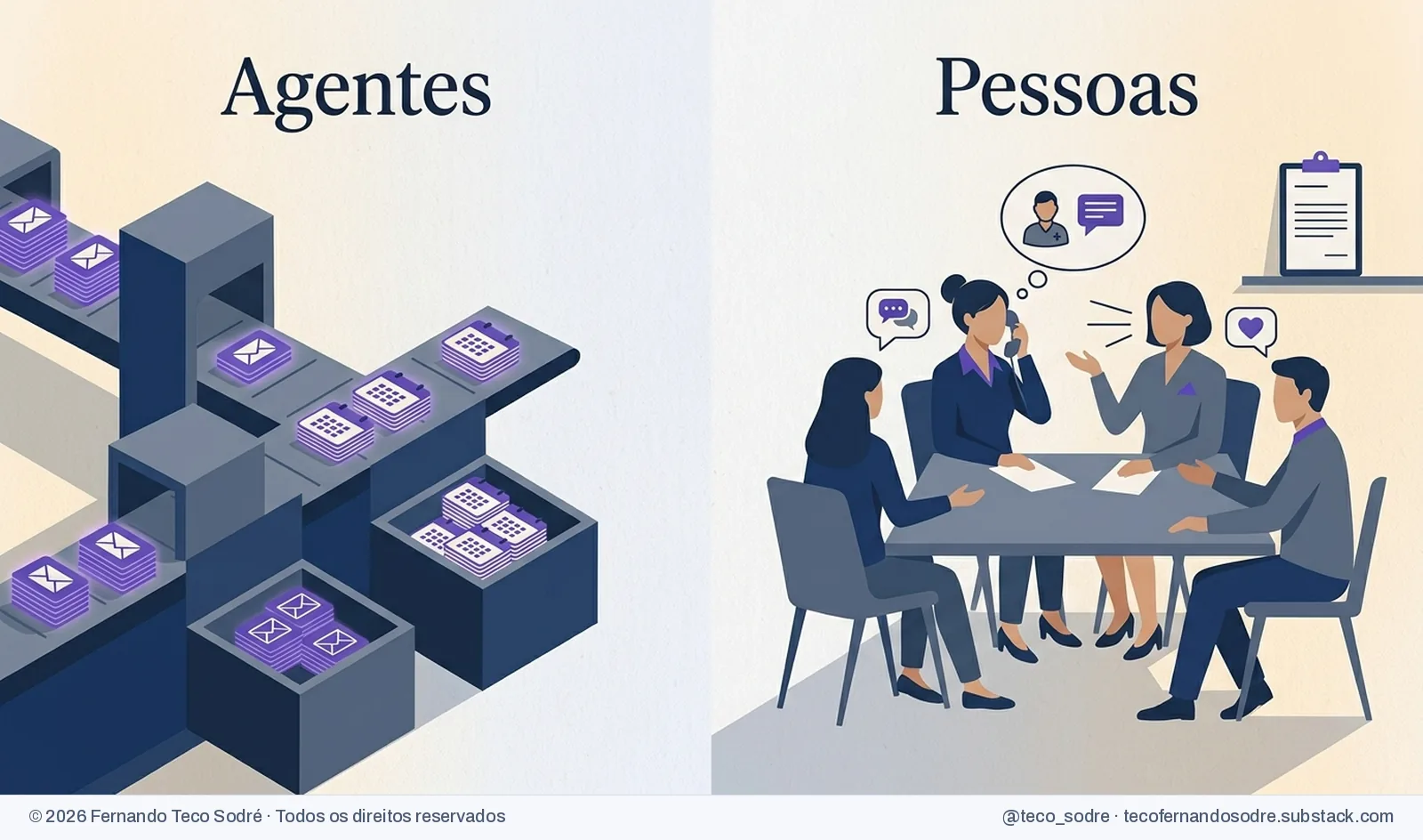 Imagem dividida ao meio: à esquerda, com o rótulo Agentes, cartões de mensagem e calendário se organizam sozinhos em prateleiras; à direita, com o rótulo Pessoas, uma equipe conversa em volta de uma mesa.
